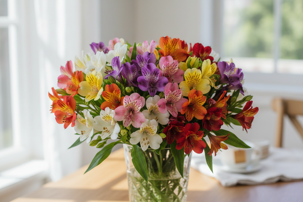 mixed color alstroemeria vased bouquet