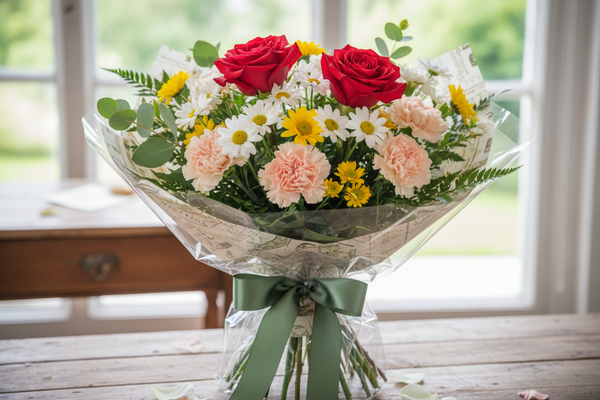 mixed wrapped floral bouquet with two roses, daisy, carnations